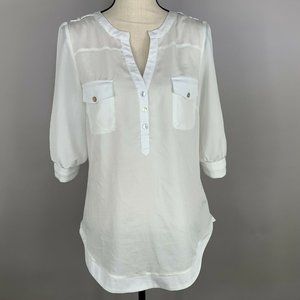 41 Hawthorn White Blouse Top Women Med. 3 Button Notch V-neckline Elbow Sleeve